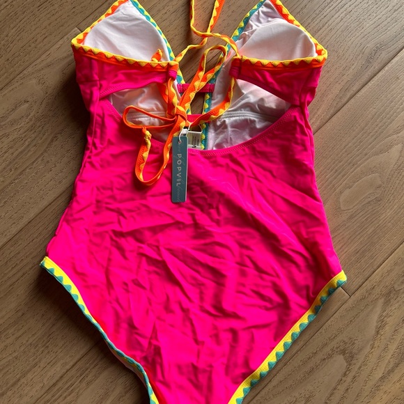 Popvil neon pink one-piece swimsuit with a deep V-neck and multi-color trim Med - Picture 3 of 5